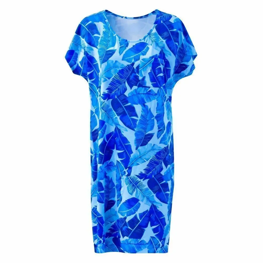 Land’s End navy bright blue white abstract palm print Cotton midi dress SP
